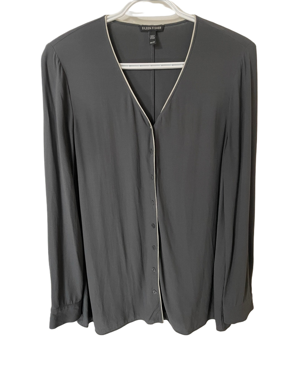 Eileen Fisher Dark Grey Silk Long Sleeve Blouse Size XS